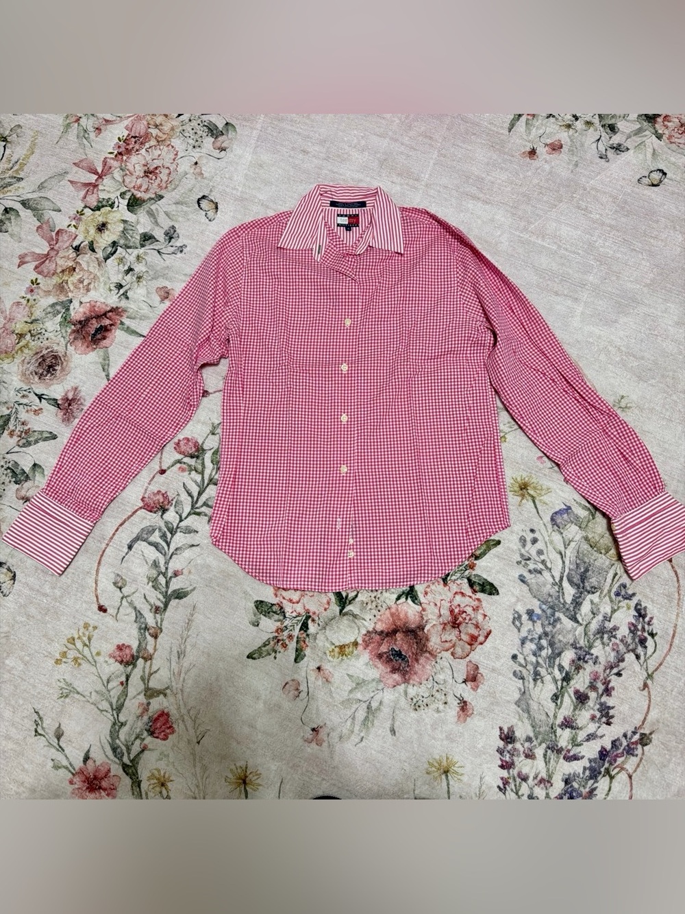 Tommy Hilfiger Pink and White Striped Gingham Button Shirt